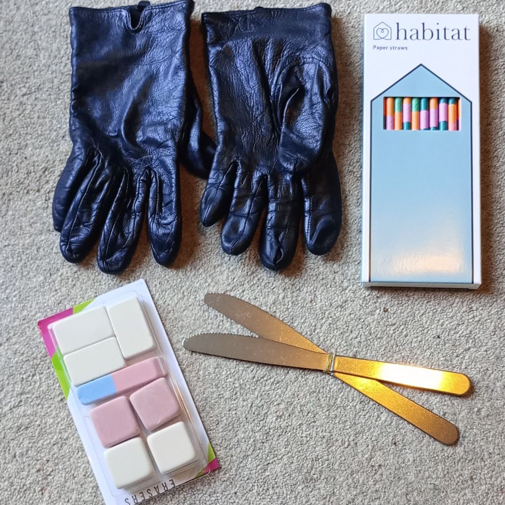 Leather gloves, straws, erasers and dinner knives 
