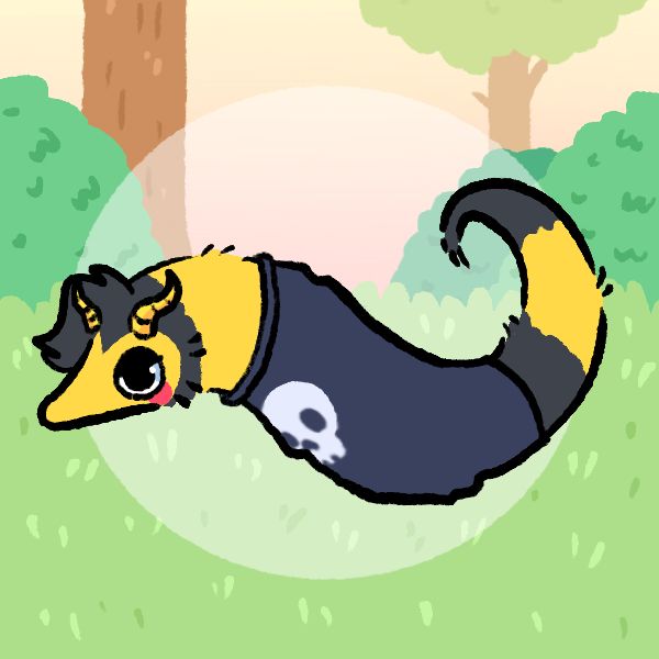piccrew cartoon of Janie as a work. She has black and yellow stripes with a black shirt with a skull on it. She has yellow horns and blushed cheeks and is outside on the grass in the forest.