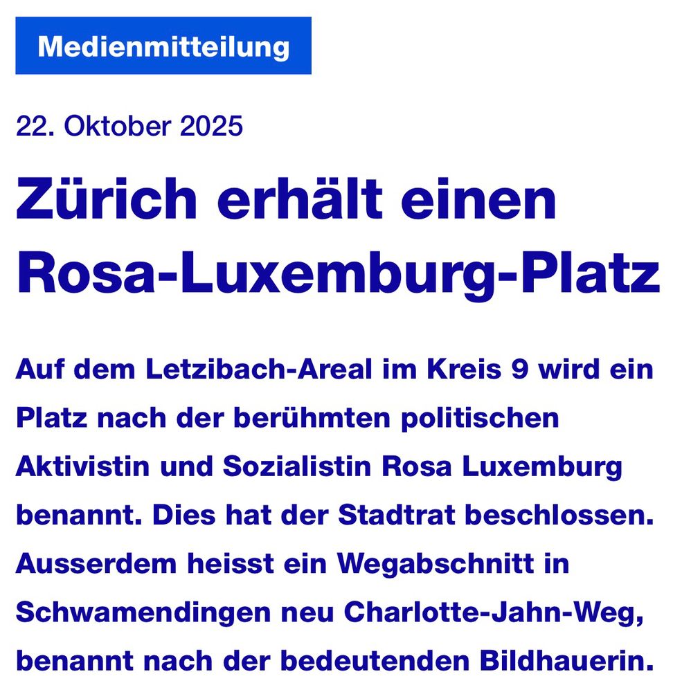 Dank David bekommt Zürich einen Rosa-Luxemburg-Platz