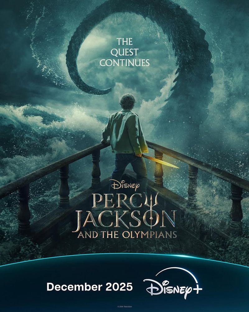 promo poster for PJOTV season two, Percy at bow of a ship, staring at a giant tentacle rising from a stormy ocean. "coming December 2025"