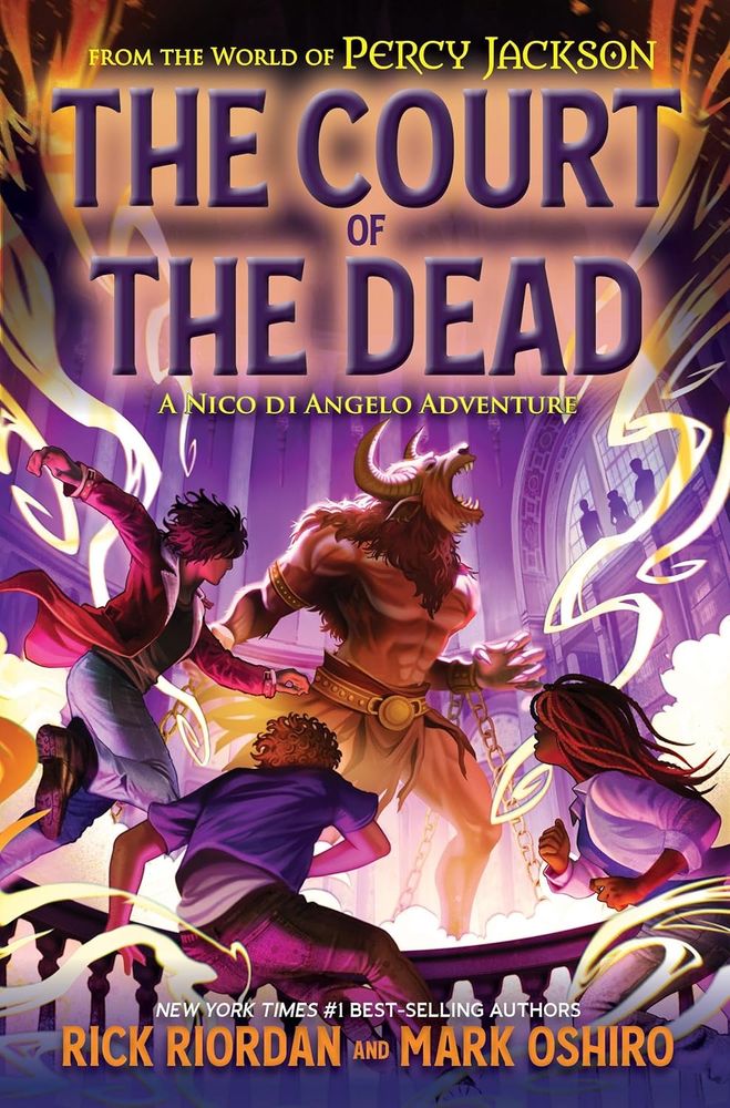 Nico, Will and Hazel charge toward the Minotaur, who is in chains and looks not very happy. Three mysterious figures watch from a balcony in the background.
