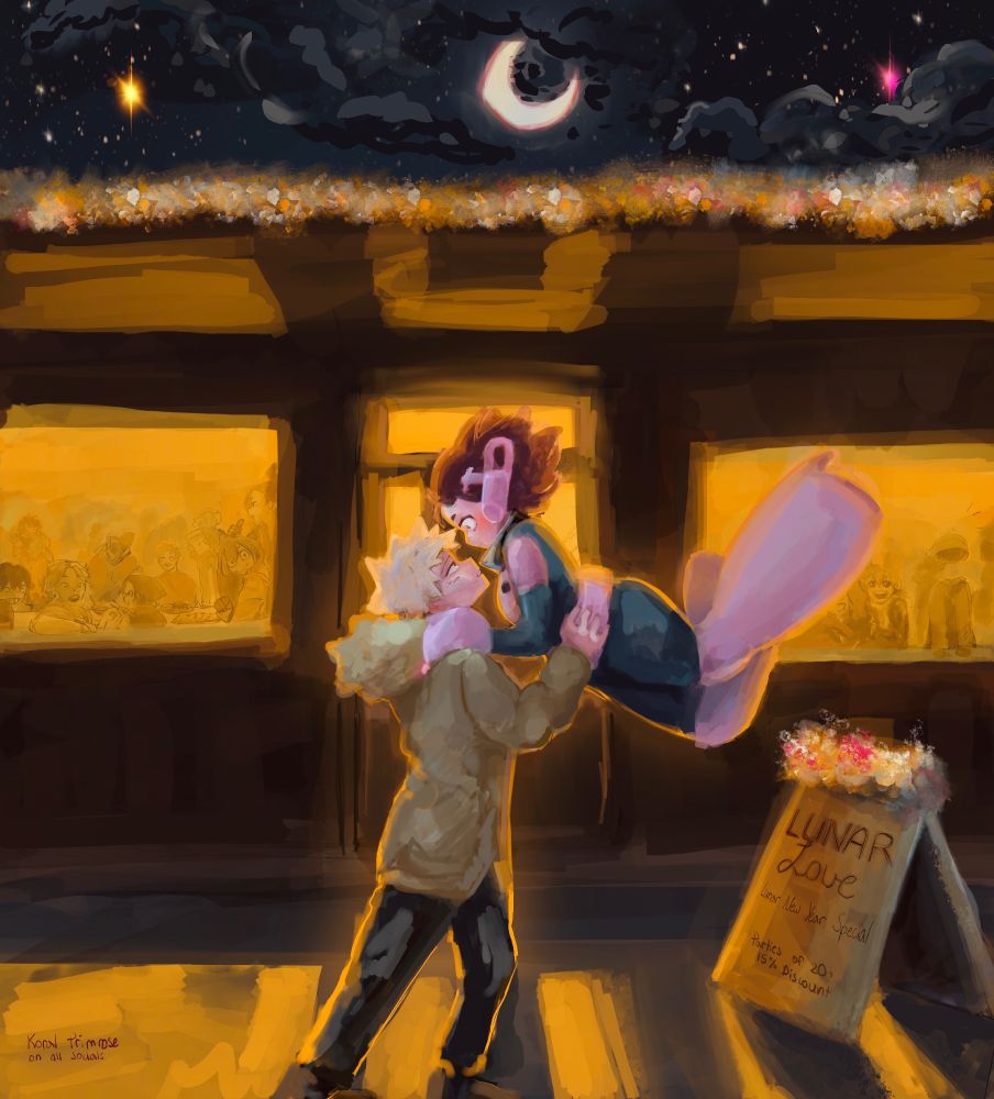 Outside of a restaurant where the Class A reunion is happening, Katsuki Bakugou just caught Ochako Uraraka to make sure she’s safe because she was landing roughly in her hero costume. There’s a full moon but it’s covered by the clouds and looks like a crescent moon. There’s an orange star on the left of the sky and a pink one on the right. The pink one is surrounded by clouds. The restaurant has giant windows from which the majority of the class can be seen through, and Tsu, Kaminari, Sero, Mina and Hagakure are seeing kacchako outside. They have shocked expressions, except Tsu, she looks proud. Yaoyorozu is talking with staff. Kirishima is being strangled by Mina. Sato and Shoji are talking while eating. Midoriya just arrived and is being greeted by an unknown someone (but they have smth going on wink wink). Jirou is eating but was interrupted by Kaminari so he could show her kacchako outside. The rest of the class is situated outside of the screen.
Back to Kacchako, Ochako is blushing but she’s surprised and kinda freezing up. Katsuki is looking at her longingly, gently holding her up, moments before putting her down. But she accidentally touched him with all 5 fingers— oops.