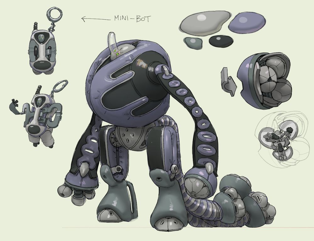 A digital drawing of a robot character and a mini version of himself. The robot has a humanoid body plan with a wide stance and a rounded blobby design reminiscent of the early 2000s. His body is made from black, matte metal, with a plush vinyl cover. His head is small in comparison with a slear glass horn like a stag beetle. His arms look like long watch straps with oval holes. His hands are metal balls that slide open to allow smaller fingers to slide out. His hips are a smaller ball with holes on the side. Upper legs made from the same black metal and lilac vinyl as the body attach to the hips. His lower legs are made from a greenish grey material reminiscent of old computers. Half sphere feet peek from under them. He also has three tails ending in the same structures as his hands. His mini version looks like an old flip phone with a face set into the place you would find a screen. His arms are thin loops that slide out and fold in multiple directions. Attached to the mini version is a small chain and a clip. 