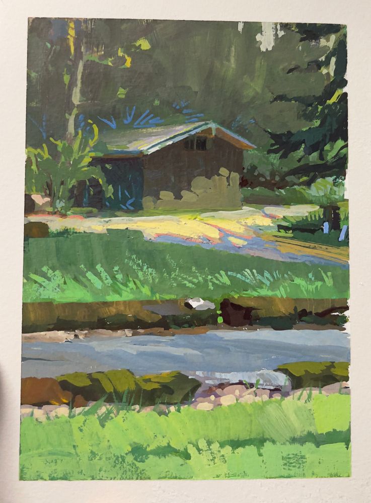 A gouache painting of a building in a forested park on a sunny day. The building sits in the distance, shaded and partly covered by branches. In front of it the light catches two rows of mossy logs surrounding a paved pathway. The painting is loose with a sense of bright sunlight. 