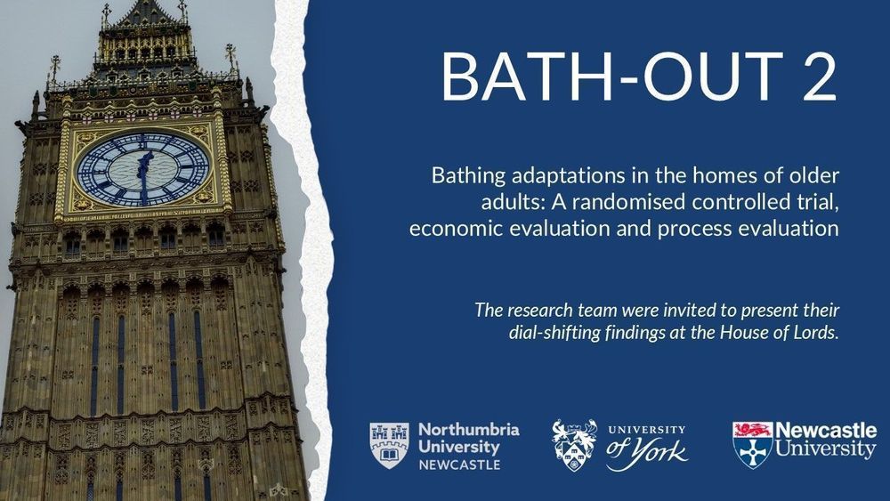 Image of the Elizabeth Tower (commonly known as Big Bin) at the UK House of Parliament alongside the name of the trial - BATH-OUT 2 - that was presenting its findings and the logos of the three universities involved - Northumbria University Newcastle, University of York and Newcastle University. 
