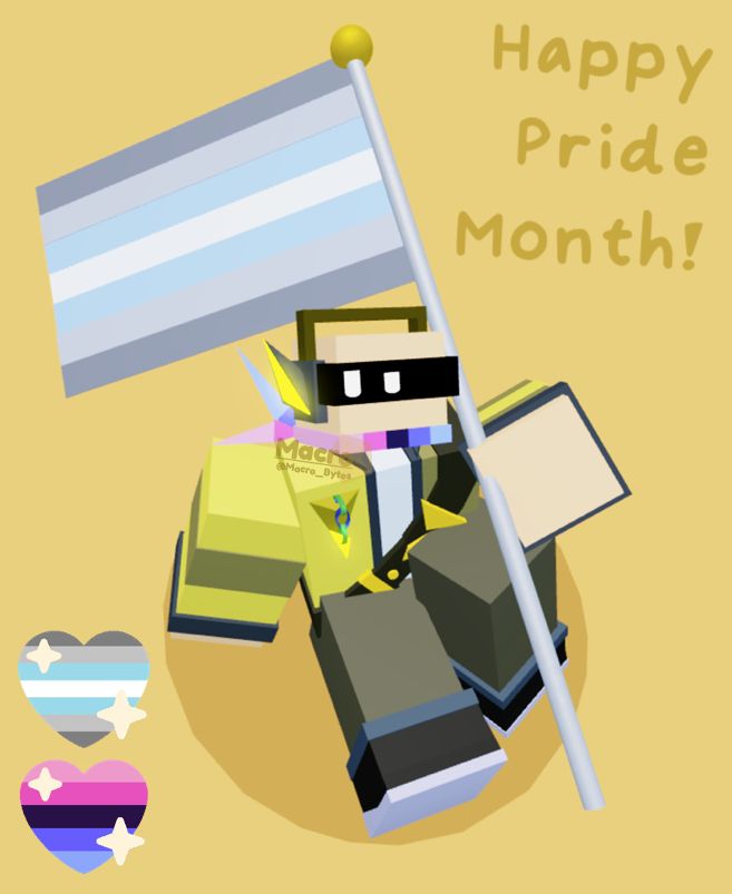 Top right text reads: Happy Pride Month!

My oc (Yellow) sits and holds the demiboy pride flag over their shoulder. He also wears a scarf with the omni pride flag colours.

Hearts in the bottom left also show the 2 colours of his pride flags (Top is demiboy, bottom is omni).