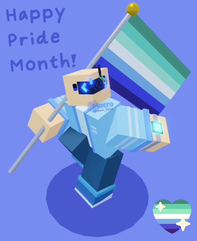 Text in top left reads: Happy Pride Month!

My oc (Blue) holds a mlm pride flag over his shoulder. A heart with the mlm colours is also shown in bottom right.