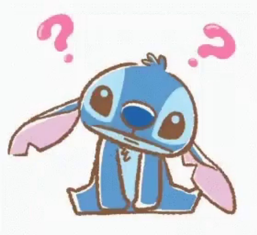 a cartoon drawing of stitch with pink ears and two pink question marks above his head .