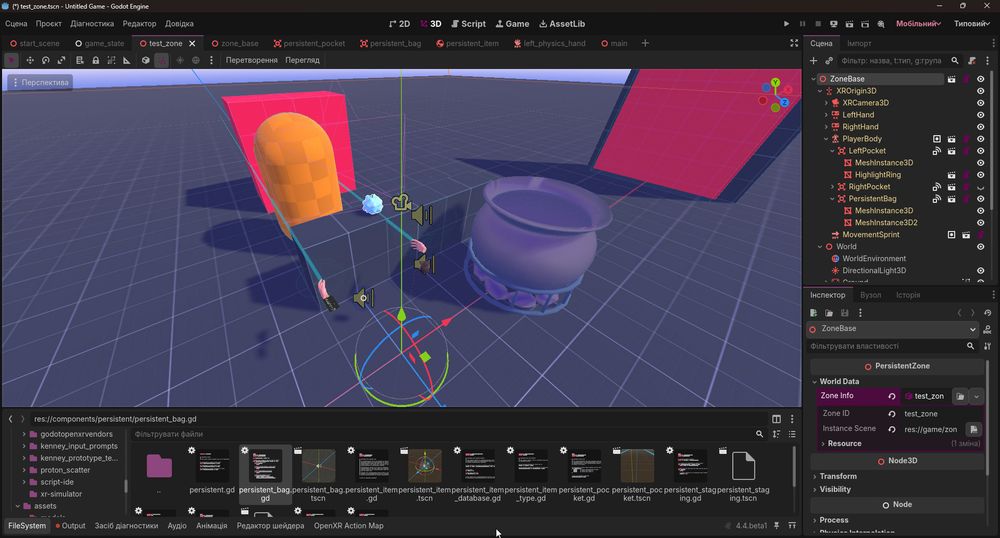 Screenshot of a Godot editor interface with scene preview where VR player is visible, there is also a cauldron and some prototype textures (by Kenney the goat)