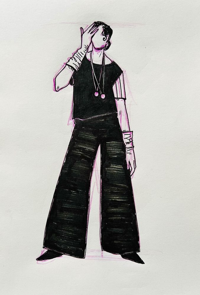 a pen drawing of one of parker posey’s outfits from party girl (1995). she’s wearing huge pants, a black t-shirt, and opera gloves 