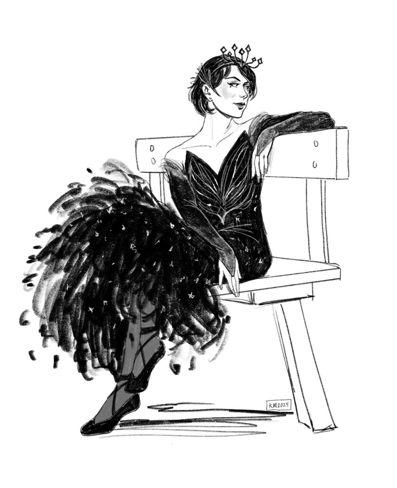 sketch of a white androgynous person in an elaborate dance costume sitting on a bench. they have one arm up over the back of the bench and are looking to the side over their shoulder 