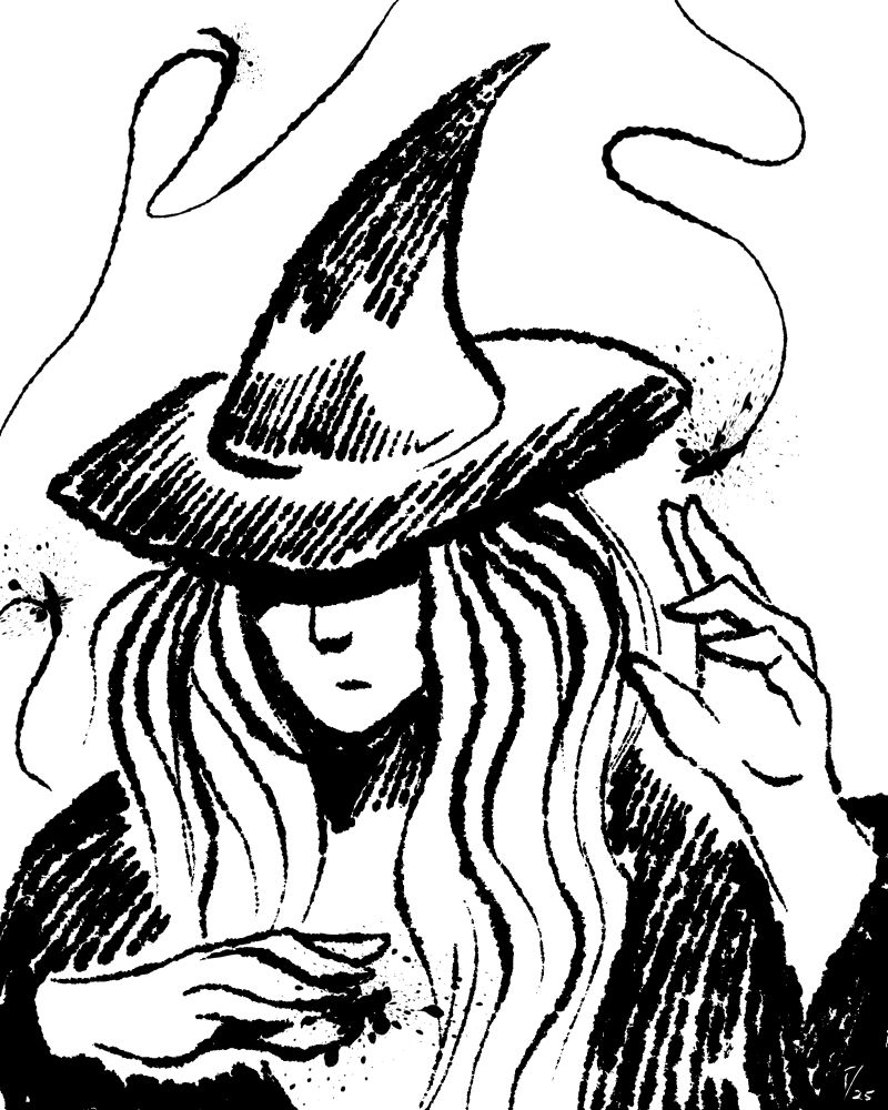 A simple picture of a witch in a pointy hat with her hands raised in an implied incantation. A thin trail with small splatters trails behind her fingers.