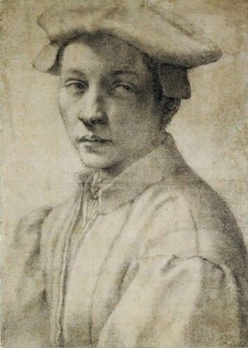 "Portrait of Andrea Quaratesi" is a drawing by Michelangelo, showcasing his mastery of capturing subtle human expressions using fine chalk lines. The artwork features a young man with a contemplative gaze, emphasizing Michelangelo’s skill in rendering the delicate nuances of his subject’s face and attire.