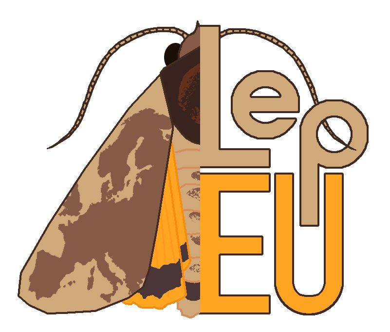 Logo of the LepEU initiative: a noctuid moth with a wing pattern that resembles Europe accompanied by the text “LepEU” in white and orange.