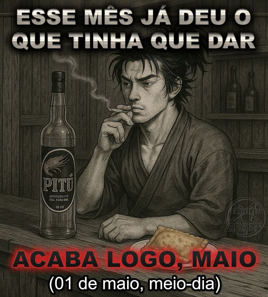Um samurai bebendo cachaça pitu com a legenda:

Esse mês já deu a que tinha que dar 

Acaba logo, maio
(01 de maio, meio dia)