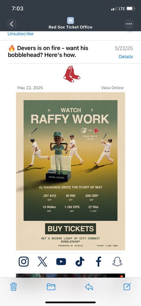 An email advertising a Rafael Devers bobble head three weeks before the Red Sox traded him.