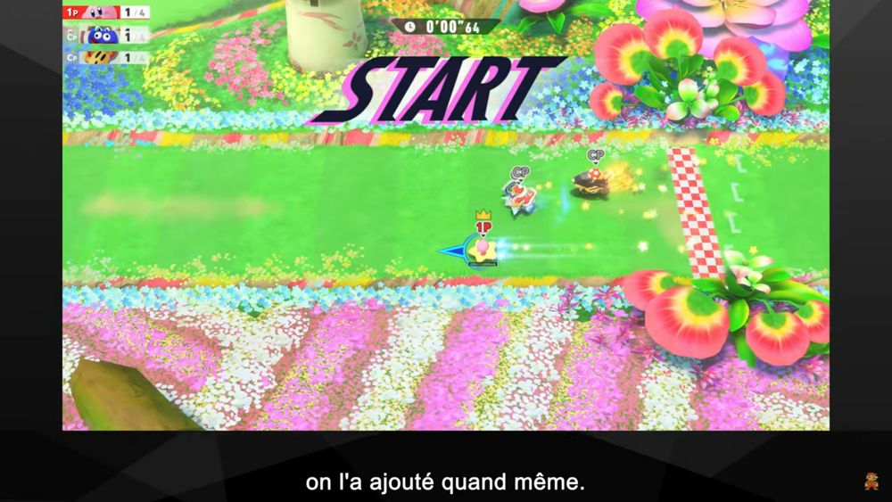 Image du jeu Kirby Air Riders commentée par Masahiro Sakurai qui dit "on l'a ajouté quand même."