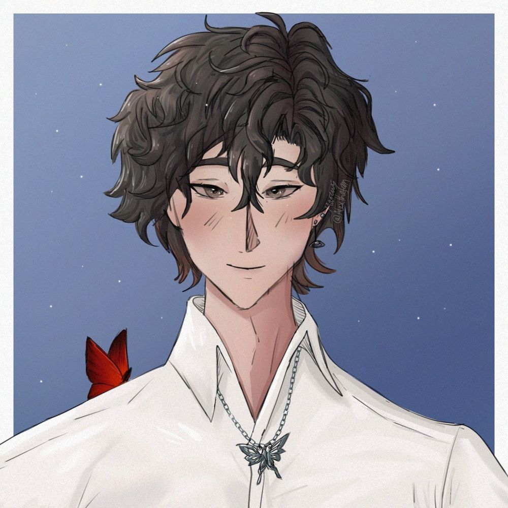 Portrait of Kyrio Cifer with a gentle expression and soft, calm eyes. He also has a small red butterfly on his shoulder and is wearing his butterfly necklace and dress shirt ❤️