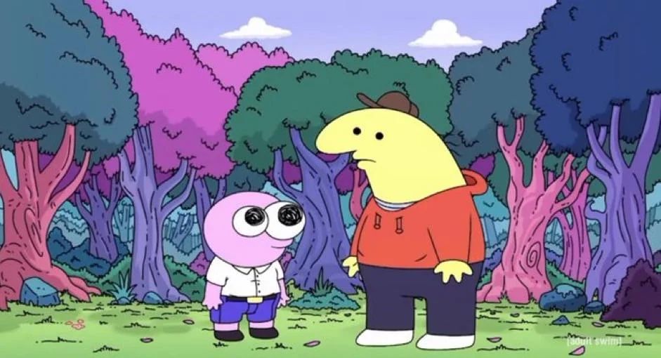 Smiling Friends still where Charlie asks Pim "...You kiss your dad on the mouth?"