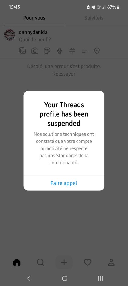 Screen de thread qui dit que mon profil a été suspendu car je n'aurai pas respecté les standards de la communauté)