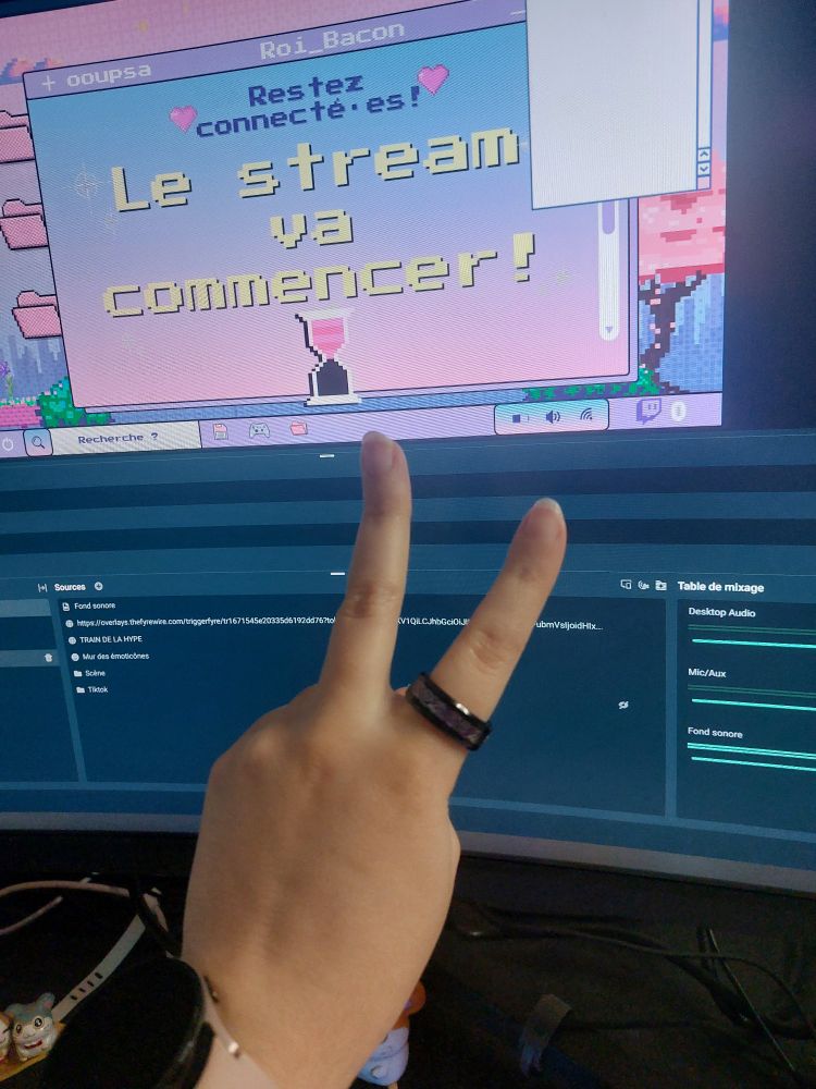 Photo de mon écran streamlabs (logiciel de stream) avec la scène "le Stream va commencer". ma main est devant et je fais un signe de la victoire