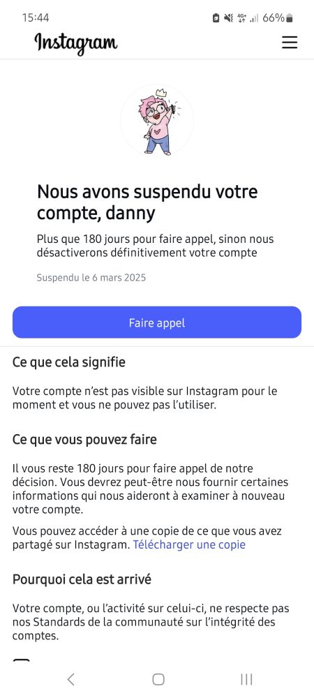 Screen d'instant qui dit qu'il m'a suspendu et que j'ai 180 jours pour faire appel avant qu'ils ne désactivent mon compte