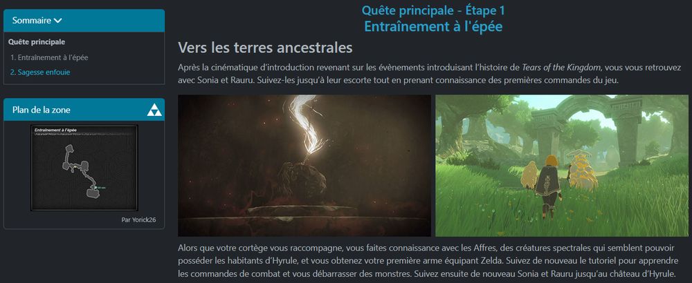 Aperçu de la présentation de notre première étape de soluce avec la carte sur la gauche. Elle est belle ma carte, hein ? Elle indique le coffre, son contenu et l'emplacement du Korogu. Remarquez également que la seconde étape est sortie.