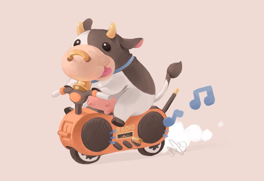 Illustration of a little cow named MooMoo, riding an orange radio motorcycle as seen in MarioKart world Trailer