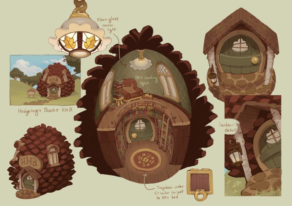 Digitally rendered concept page of a pinecone library, with various close ups of the front door, lamp, lantern, and exterior views
