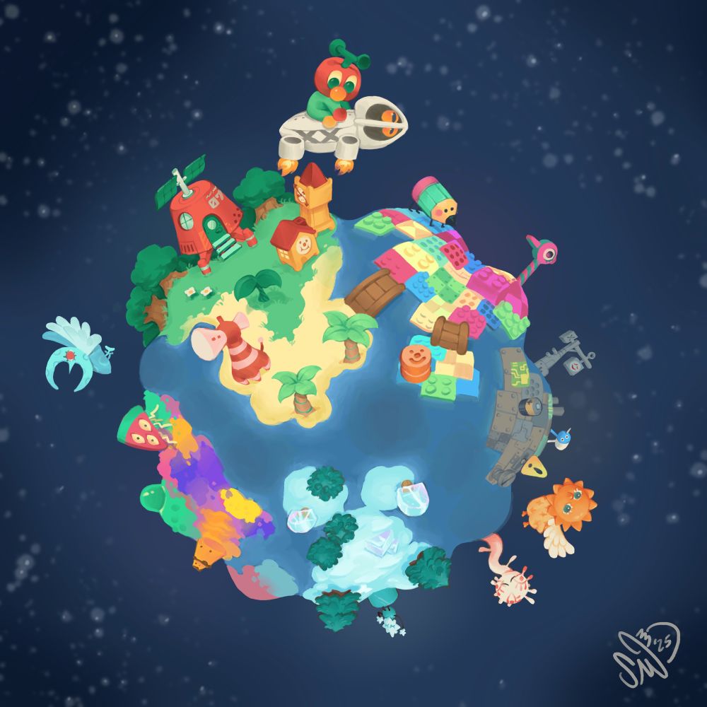 Illustration Interpretation of the spherical planet of Formless Star floating on a space backdrop, with 5 biomes represented. Creatures from each biome are roaming in their respective areas.