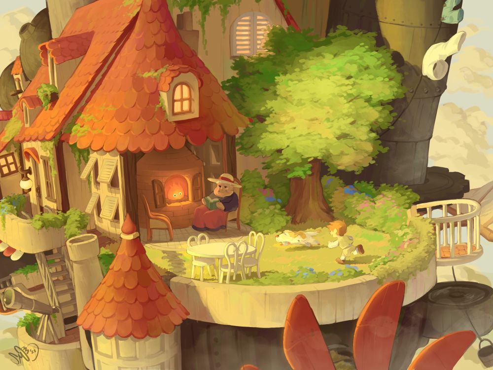 Illustration of the backyard from howl's moving castle (movie) ending scene redrawn from a lower angeled perspective at sunset