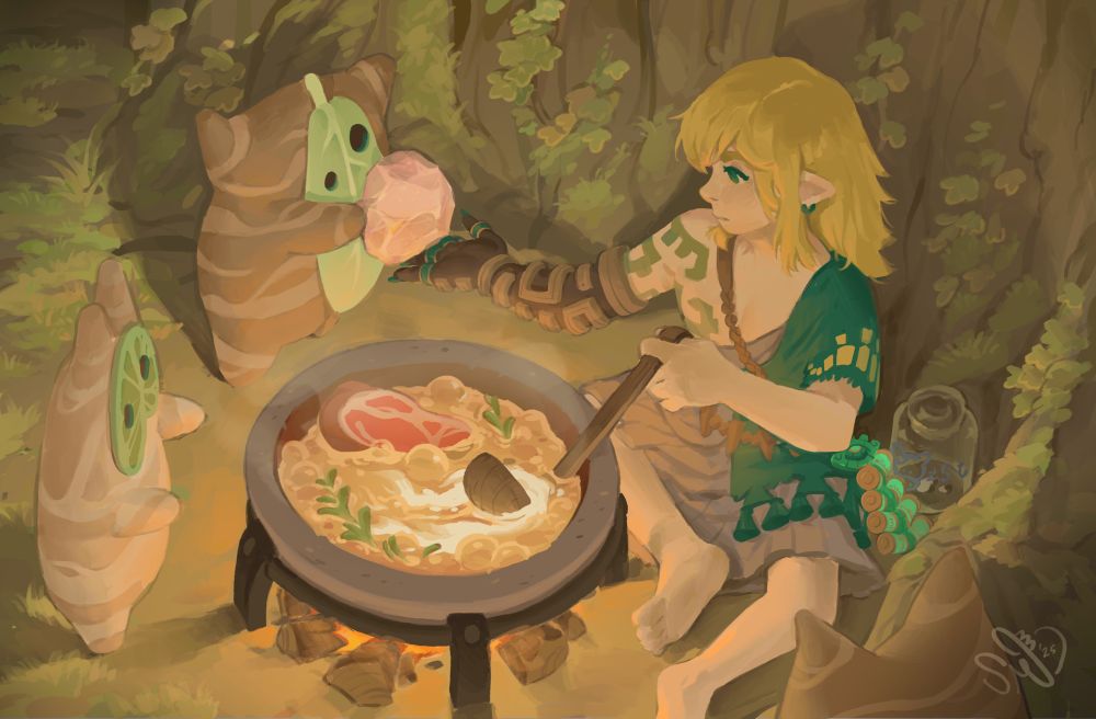 Link set in Tears of the kingdom, sat in the half trunk of a hollow tree stump by a cooking pot filled with meat, hyrule herb, and hateno milk in a golden yellow broth. Around Link are koroks, one offering a pink rock salt into his off hand