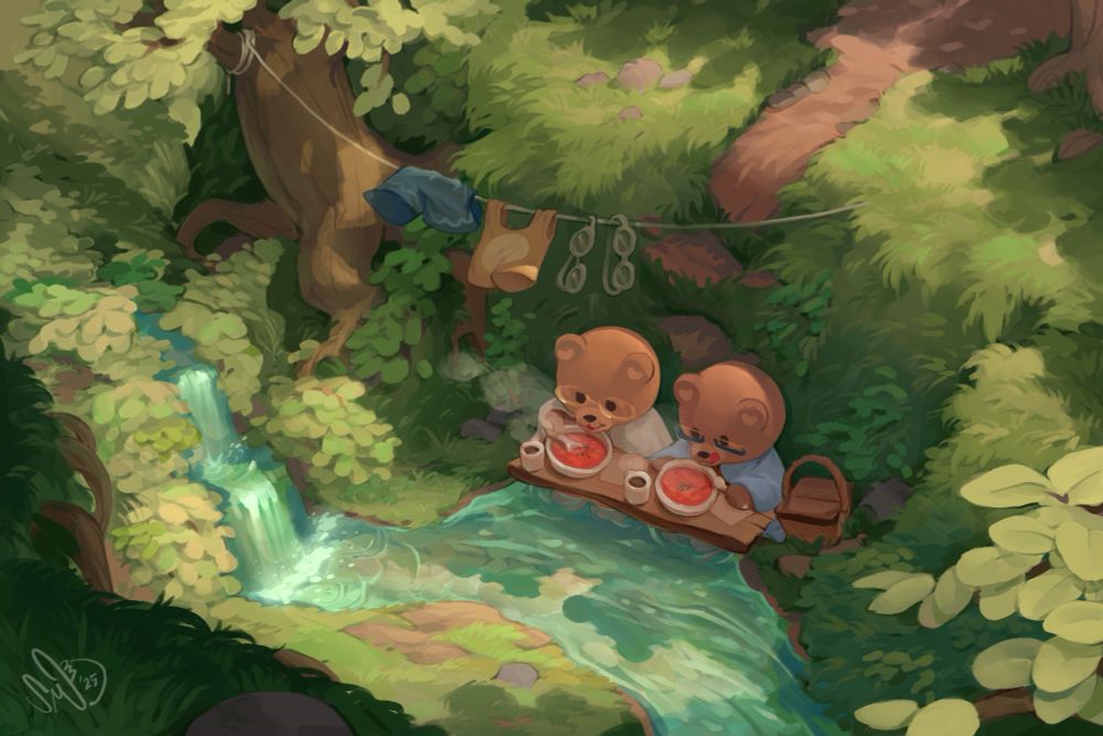 An illustration of two little bears sitting side by side in a small valley with a flowing creek waterfall, with two bowls of soup and mugs of hot chocolate on the woodnplank across the bears laps. its a vibrant green grassy day with their swimwearing drying on a nearby clothes line