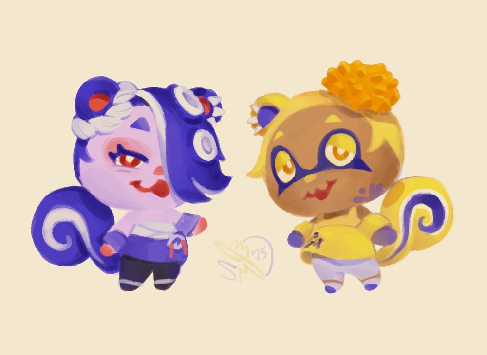digital painted illustration of cece and viche from the animal crossing 3.0 update video, purple and yellow squirrel characters that reference shiver and frye from splatoon 3