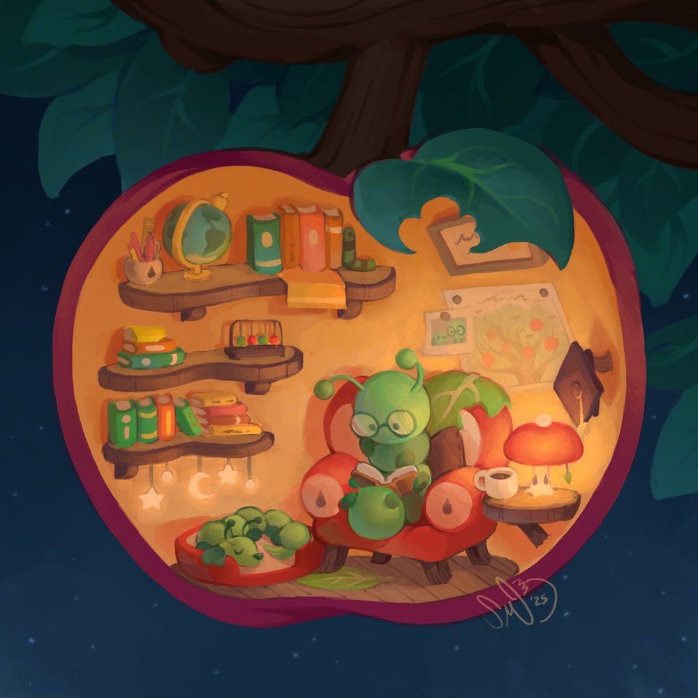 A retired teacher caterpillar sits in his apple home on a twinkly night with his caterpillar dog, filled with his personal library of favorites books and trinkets from his old classroom