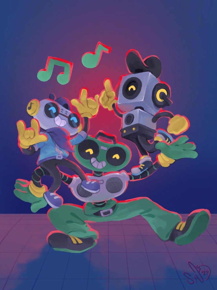 Digitally painted fanart of Deltarune characters Sweet, Capn, and Cakes aka K.K. Posed in a circular composition, Sweet and Capn balancing on Cake's arms with a red light shining behind them.