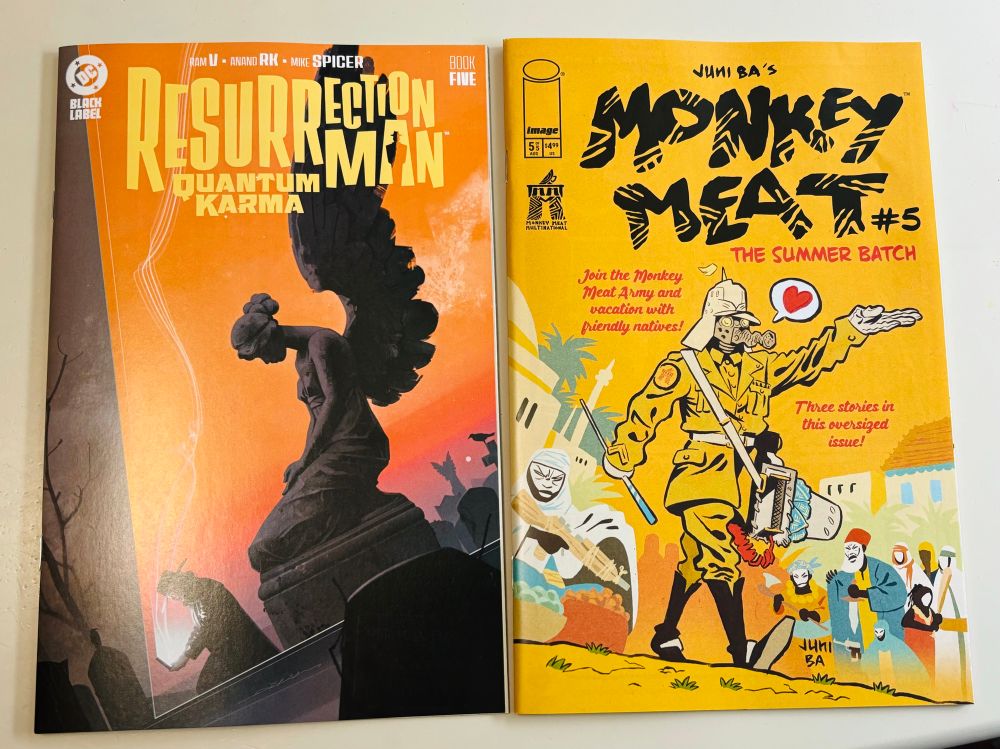Resurrection Man: Quantum Karma #5 and Monkey Meat: The Summer Batch #5 comic books
