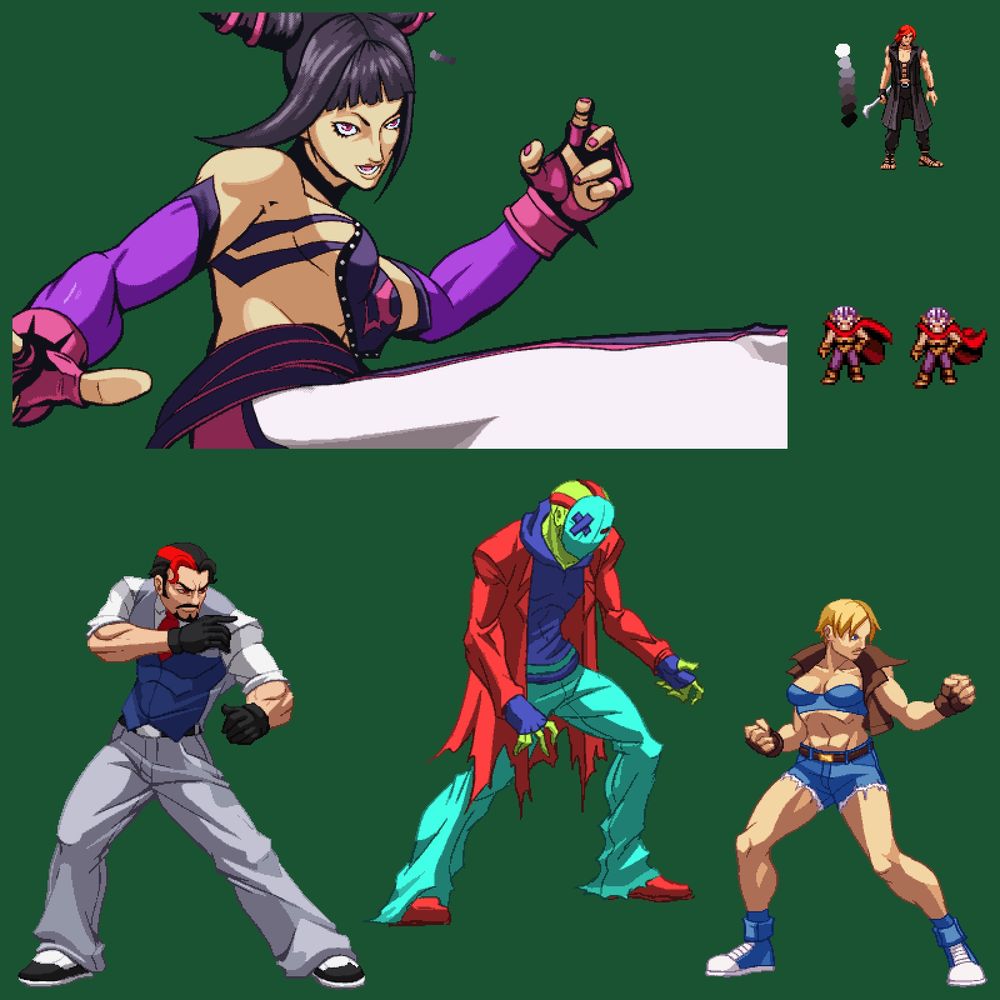 all of the unifinished things! some hi-res Shades of Manhattan, a pre-SFV Lucia, V from DMCV, and a quick conversion of a traceover of Juri from SSFIV! also, a planned Chrono Trigger visual overhaul that didn't go far.