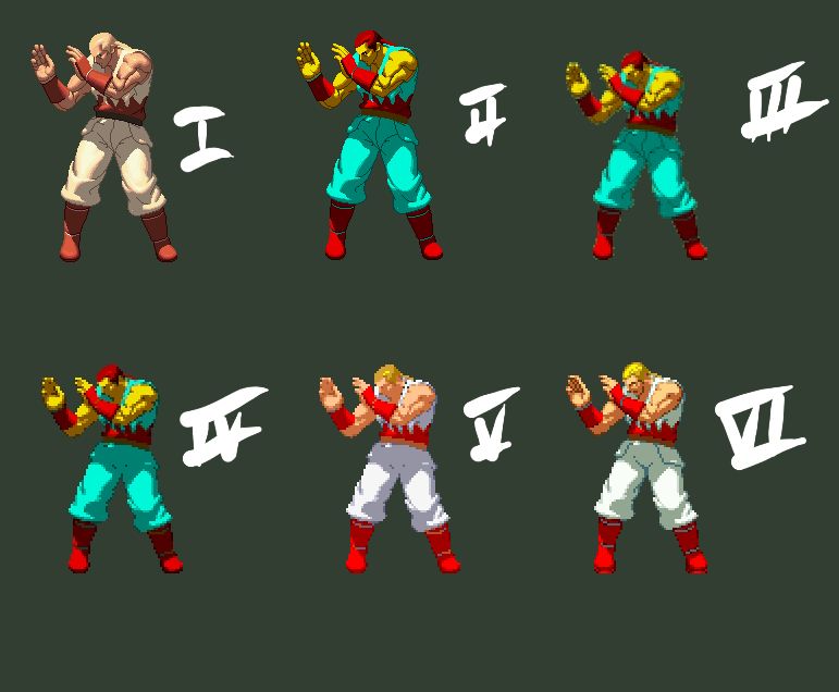 KoFXIII Andy, weird colors that clash on purpose for step 4, resize, forced palette via indexing, proper-ish colors, minal cleanup/color correction. passable, but far from perfect. which was the goal, i think? blend in with CvS2 sprites without being a slave to accuracy.