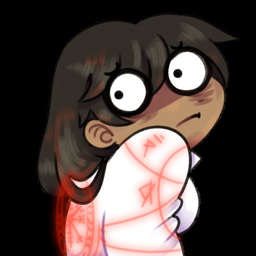 A chibi-style character with long dark hair and wide, bulging eyes stands stiffly with a tense, worried expression. Their shoulders are hunched, and red glowing symbols or markings appear on their white shirt and arms, giving an anxious or alarmed vibe.