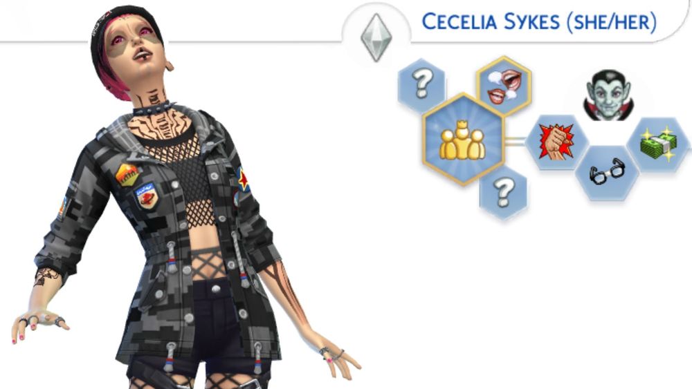Cecelia Sykes (she/her) is a young adult vampire.
She's Confident, Geek and Materialistic. She wants to be the leader of a group.
She has light skin, short pink and black hair, strange eyes, dark heavy makeup, lots of tattoos, piercings and accessories.
She wears a black jacket with a black crop top under it, black short, black leggings.