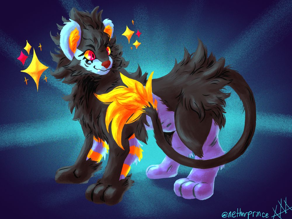 a freshly transformed luxray on a blue glowing background. she's smiling at her tail fluff!
