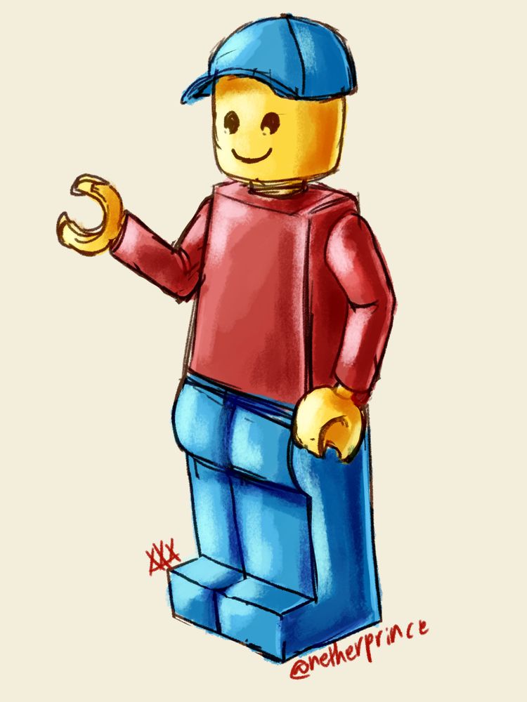 a colored sketch of the default man lego minifigure; red shirt, blue pants and hat, and a smile.