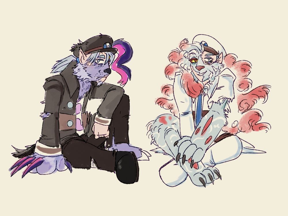 subway masters ingo and emmet, but theyre pokemon hybrids. ingo is a sneasler, emmet is a hisuian zoroark. they both look very tired.