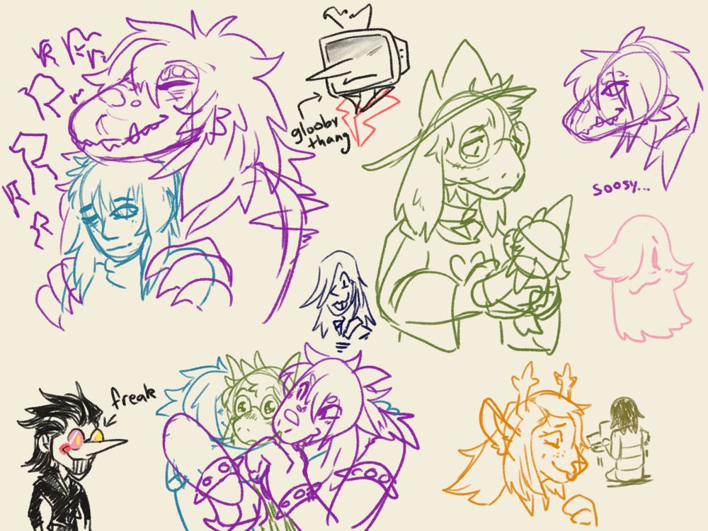 various deltarune sketches. 1) susie growl-purring and holding onto a content looking kris. 2) tenna, labelled 'glooby thang'. 3) ralsei sadly looking at her plushie. 4) a susie with the text 'soozy....' 5) a rouxls doodle. 6) a ghost mettaton doodle. 7) spamton, labelled 'freak'. 8) kris and susie trapping ralsei in a hug sandwich. she's about to cry. 9) noelle in the foreground, looking happy and a little emotional, and kris in the background, facing away as they play piano.
