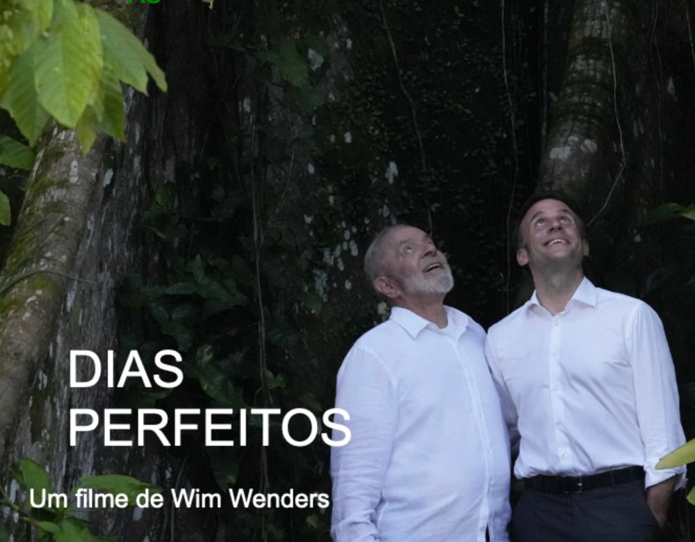 Lula e Macron admiram a natureza em meio as árvores. ao lado, está escrito "Dias Perfeitos, um filme de Wim Wenders"