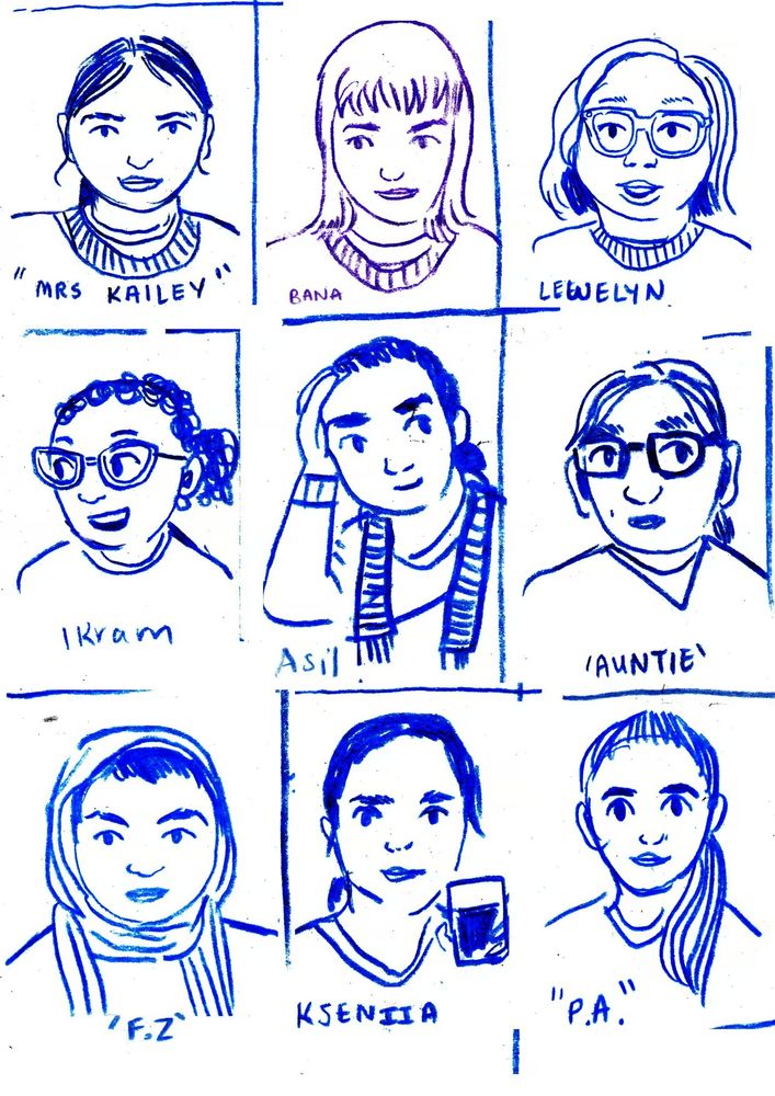 Vários desenhos de mulheres com tinta azul, há mulheres chamadas Mrs Kailey, Bana, Lewelyn, Ikram, Asil, Auntie, F.Z., Kjeniia, P.A.