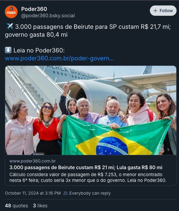 "3 mil passagens de Beirute para SP custam R$21,7 mi; governo gasta 80,4 mi"