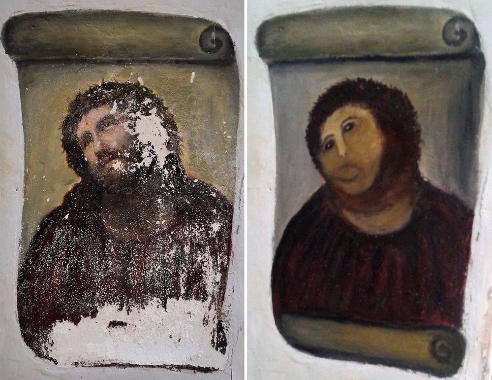 antes e depois de uma arte sacra com o rosto de Jesus e o depois completamente destruído por uma senhorinha que não fazia ideia do que estava fazendo e acabou criando o "Jesus batata"