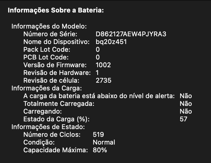 informações sobre bateria, 519 ciclos, condição normal, capacidade máxima 80%